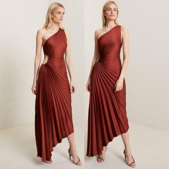 A.L.C. Delfina Pleated Asymmetric Dress in Brunette Red - Picture 1 of 8
